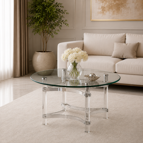 طاولة شاي دائرية زجاج شفاف 90×90×45 سم تصميم فاخر