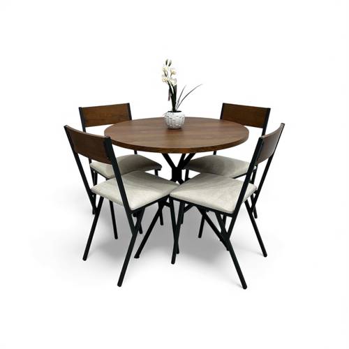 The Quad Modern Dining Set (Walnut Wood & Dark Fabric)