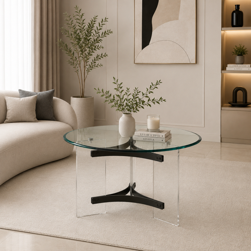 طاولة شاي دائرية زجاج شفاف 90×90×45 سم تصميم أنيق