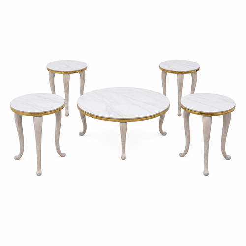طقم طاولات شاي 5 قطع رخام صناعي ذهبي 90×90×45 سم تصميم مودرن