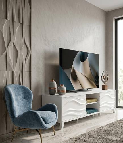 طاولة تلفزيون بيضاء مودرن بتصميم موجات خشبي-بعدة مقاسات