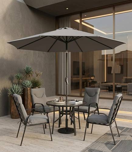 طقم طاولة طعام خارجية دائرية مع مظلة و4 كراسي تصميم عصري فاخر-بعدة ألوان 