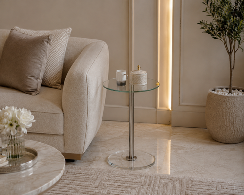 طاولة جانبية دائرية زجاج فضي 35×35×55 سم تصميم مودرن