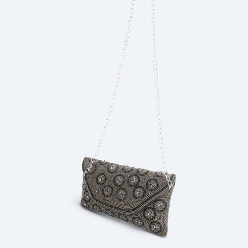 شنطة سهره نسائي بتصميم من نقوش الزهور الكريستالية - رصاصي