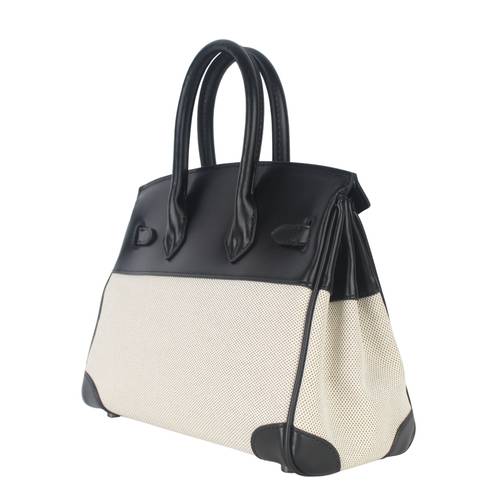 شنطة نسائية فاخرة بتصميم كلاسيكي عصري، مزيج من الجلد والقماش بلون أسود، مقاس 25