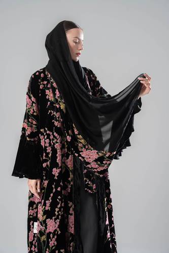 عبايه مخمل شيفون ورود  