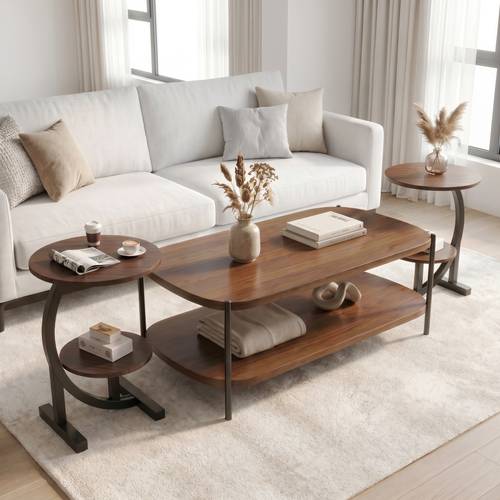 3-piece living room table set with two tiers and metal frame - Table 120×60×51 cm and two C-shaped side tables 60×40 cm - Brown.