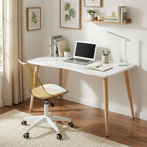 Modern design desk and chair set | Multi-size curved edge desk, with a transparent acrylic padded 360° swivel chair - White/Brown.