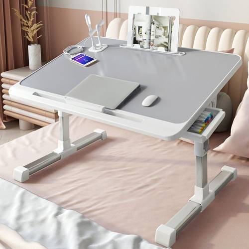 Portable foldable laptop table with storage drawer, iPad holder and USB port, black