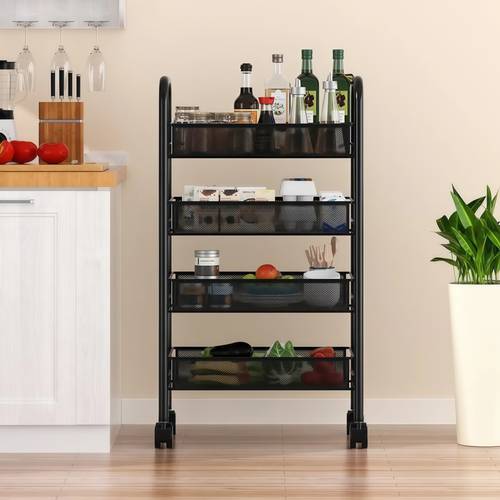 Multi-layer metal storage cart with mesh shelves for organizing vegetables and fruits with hooks, space-saving organizer - multi-colored.