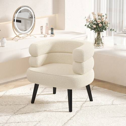 Elegant design boucle fabric chair with black legs and padded decorative fabric arms with legs for bedroom, living room and office - multi-color