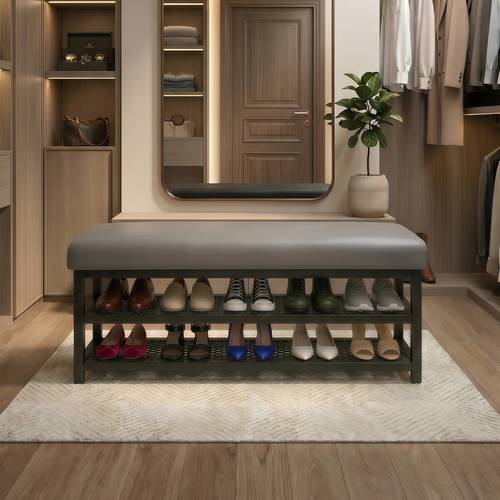 Two-tier shoe rack for bedroom and hallway, with padded leather seat and steel frame, gray/black - multiple sizes.