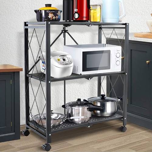 3Tier Folding Storage Shelving Unit With Lockable Casters For Easy Moving And Fixing Black And White
