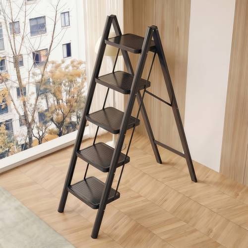 Portable folding aluminum ladder, with wide anti-slip pedals, sturdy for home and kitchen, space-saving, black, multi-step.