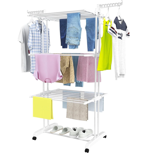 Taimi Clothes Drying Rack, 4-Tier Foldable Clothes Drying Rack, Stainless Steel, Indoor or Outdoor Use, with Wheels, White