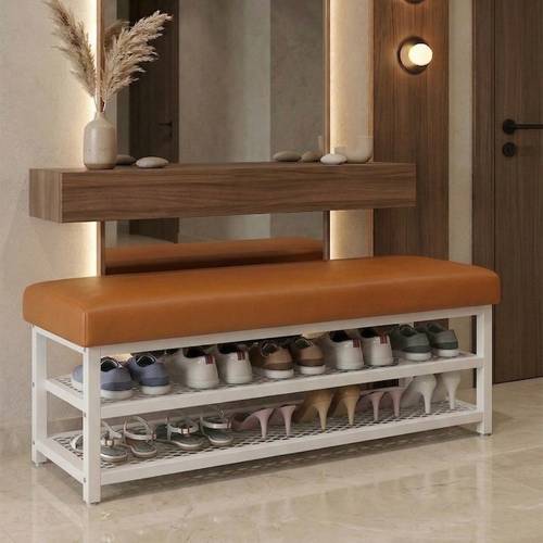 Two-tier shoe organizer rack for bedroom and hallway, with padded leather seat and steel frame, orange/white - multi-size.
