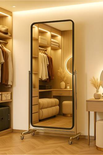 Full Length Mirror - Rectangular floor mirror with rounded edges and a black metal frame with a sturdy silver steel stand and movable wheels - Mirror with movable covers - Multiple sizes.