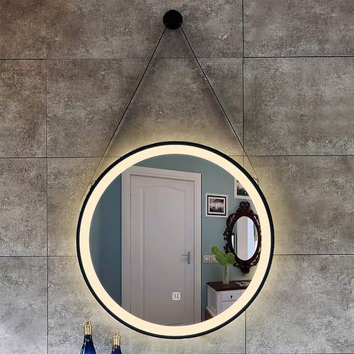 Round LED Mirror with Black Metal Frame and Hanging Lid Suitable for Bathroom, Dining Room and Dressing Mirrors - Multiple Sizes