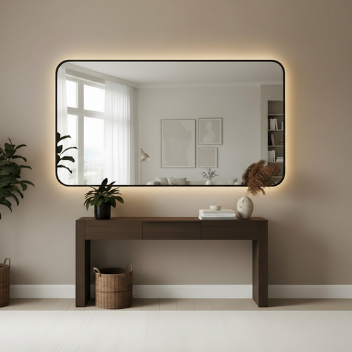 Rectangular Backlit Bathroom Mirror with Vertical and Horizontal Black Frame - Touch Switch and Adjustable Color Lighting for Bathroom or Dressing Areas - Multiple Sizes.