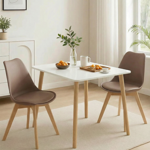 Dining table set of several pieces, white wooden table 72x80x80 cm with 2 mid-century upholstered chairs with wooden legs - multi-colored.