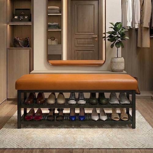 Two-tier shoe rack for bedroom and hallway, with padded leather seat and steel frame, orange/black - multiple sizes.