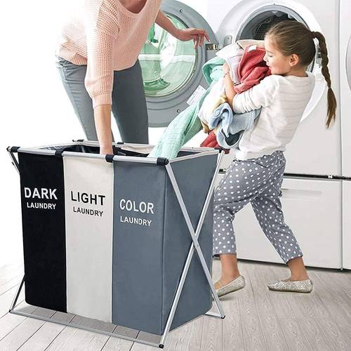 Dark Light Print 3 Section Laundry Basket, Foldable Basket with Waterproof Oxford Bags and Aluminum Frame, Laundry Clothes Storage for Home