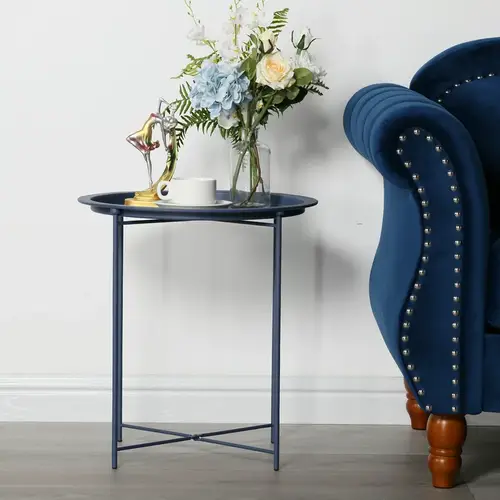 Round Metal Coffee Table with Removable Tray Blue