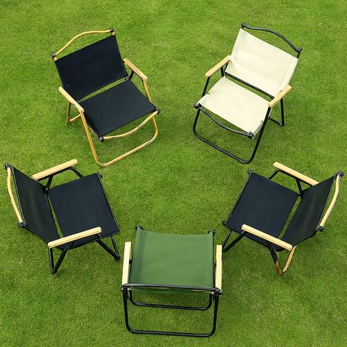 Lightweight folding camping chair with metal frame and wooden supports,76×47×54cm, for picnics - multi-colored.
