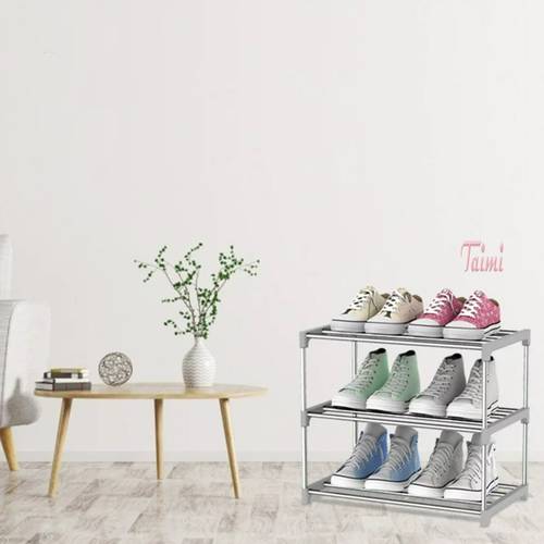 A shoe rack consisting of several shelves with a stainless steel frame