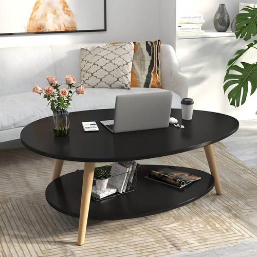 Oval Wooden Table, Modern Design Home Table with 2 Storage Layers for Living Room and Bedroom, Coffee Table 90x50x42cm - Black