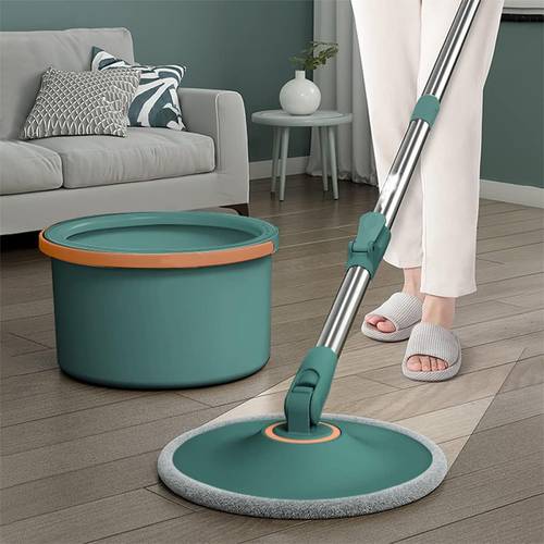 360Degree Rotating Mop and Bucket Set Flat Design Self-Separation System for Clean and Dirty Water with 4 Microfiber Pads and Extendable Handle Perfect for Cleaning All Kinds of Floors Green Color