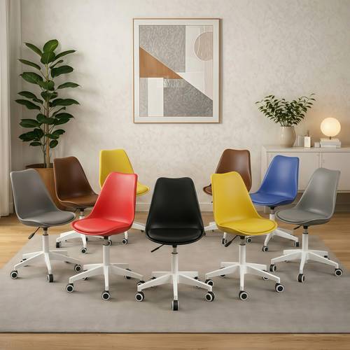 Stylish office chair with adjustable height, white legs, wheels, 360° swivel seat, and leather padded cushion - multi-colored.