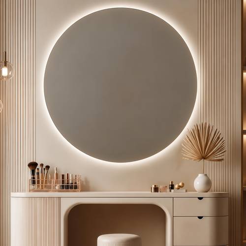 A round mirror with backlighting that is mounted on the wall and the lighting can be controlled by a touch button - a modern design mirror for makeup - available in multiple sizes.