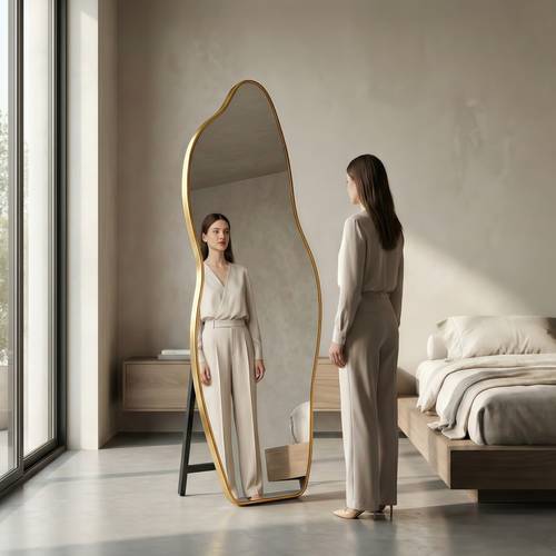 Full Length Wavy Mirror with Gold Frame and Shatter Resistant Glass, Full Body Floor Mirror for Living Room, Bedroom - Multiple Sizes.