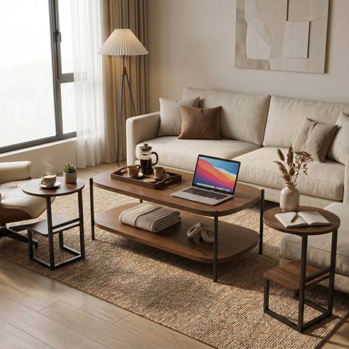 طقم طاولات 3 قطع بسطح خشبي وإطارمعدني- طاولة مركزية من طبقتين 120×60×51سم ، و2 طاولة جانبية بتصميم حرف G طبقتين 57x40سم - بني.