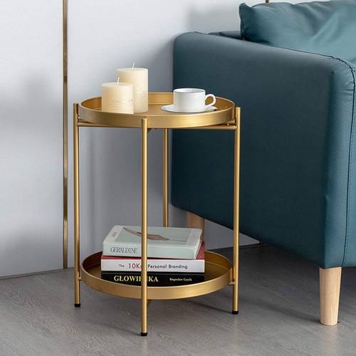 Gold Folding End Table 2-Tier Metal Round Side Table with Removable Tray for Living Room