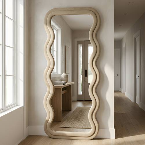 Full-length mirror with a velvet fabric frame, irregular wavy floor mirror for bedroom, living room and dressing room - multiple sizes and colors.