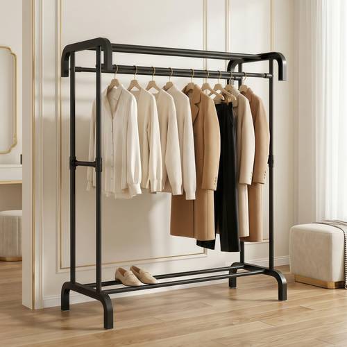 Metal clothes rack measuring 91x44x157 cm, with shoe rack (multi-shelf), white/black clothes hanger organizer.