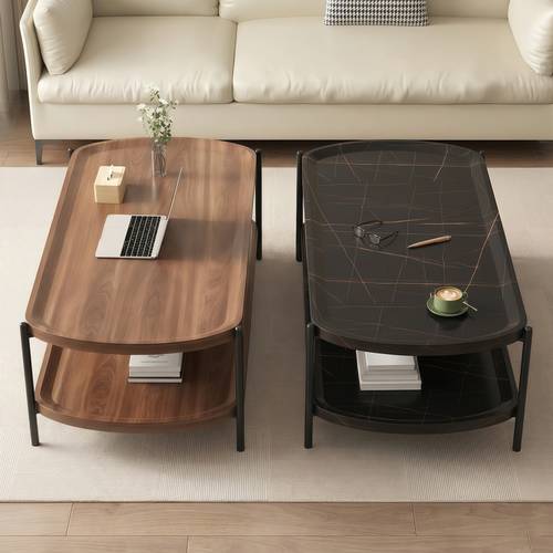 An oval wooden center table with an open storage shelf, elegant and sophisticated metal legs and frames - multi-colored.