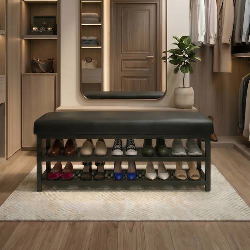 Two-tier shoe rack for bedroom and hallway, with padded leather seat and steel frame, black - multiple sizes.
