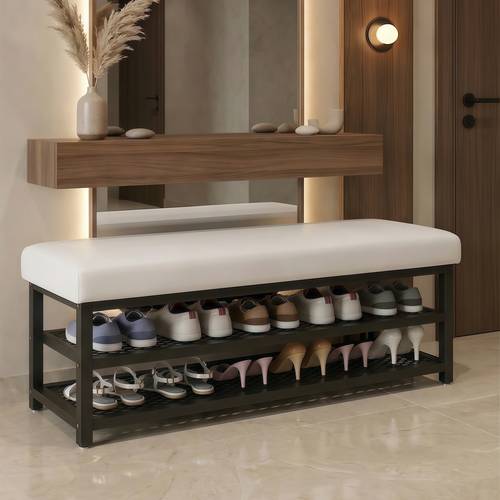 Two-tier shoe rack for bedroom and hallway, with padded leather seat and steel frame, white/black - multiple sizes.