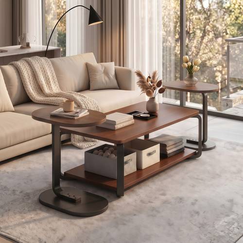 3-piece wooden table set with metal frame - 1 two-tiered center table 100x50x43cm and 2 C-shaped side tables 39x28x60cm.