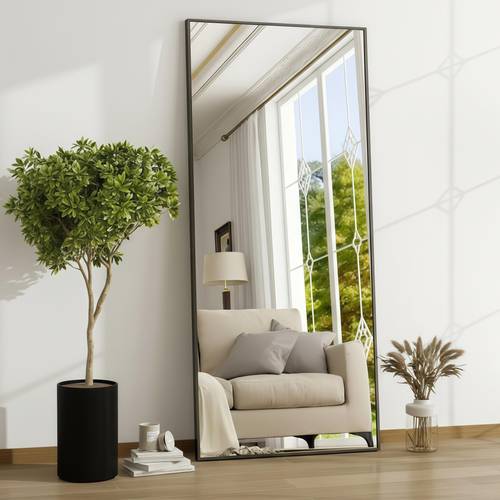 Full body mirror with black metal frame, wall mount and floor stand, 80X180 cm (shatterproof option available).