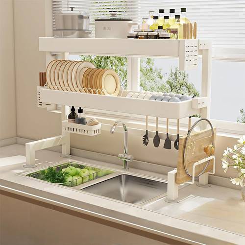 Double-Tier Over-the-Sink Stainless Steel Dish and Cup Drying Rack with Cutlery Basket, Knife Holder and Cutting Board Holder for Kitchen and Restaurant - 85x29x77 cm - White