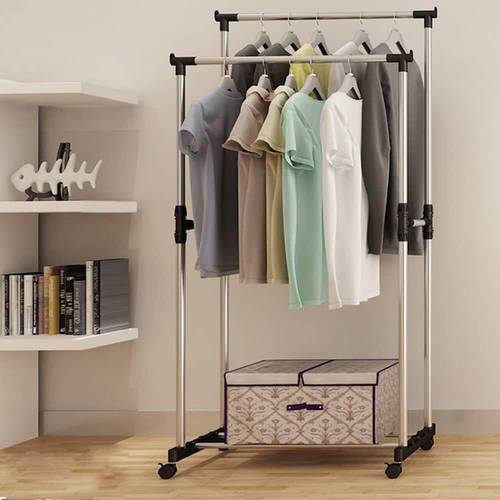 Double Pole full iron Clothes Rack Hanger Silver 68x40x135cm