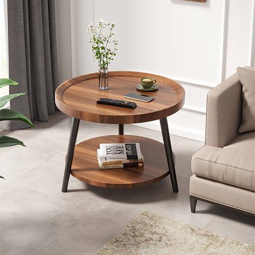 Modern Wooden Round Double Layer Side Table for Living Room Bedside Bedroom Coffee - Brown - Multiple Sizes