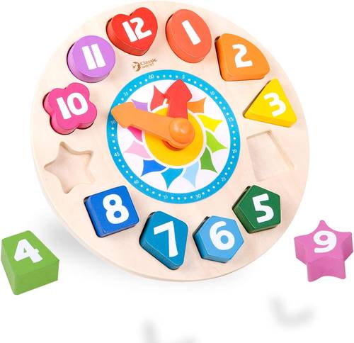 Classic World Tic Tac Toe Wooden Shape Sorting Game with Clock Design, 12 Numbers, for Early Childhood Education, Child, Multicolor.