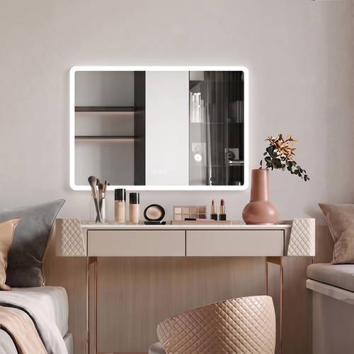 Rectangular mirror with touch-sensitive LED side lighting for makeup, wall-mounted mirror with three lights for bedroom and vanity table - multiple sizes