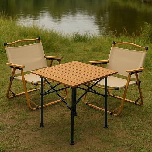 Beige 3-5 Piece Camping Set: Folding table with multi-size carrying bag, and several sturdy chairs with metal frame and armrests.