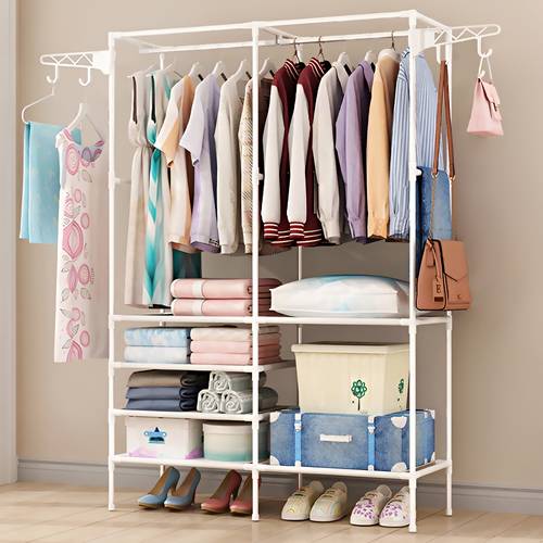 Multifunctional Portable Metal Clothes Organizer with Hanging Rods - White - Multiple Tiers